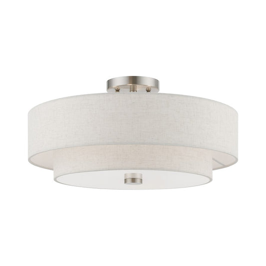 Livex Meridian 4 Light Semi-Flush, Nickel/Oatmeal/White Fabric