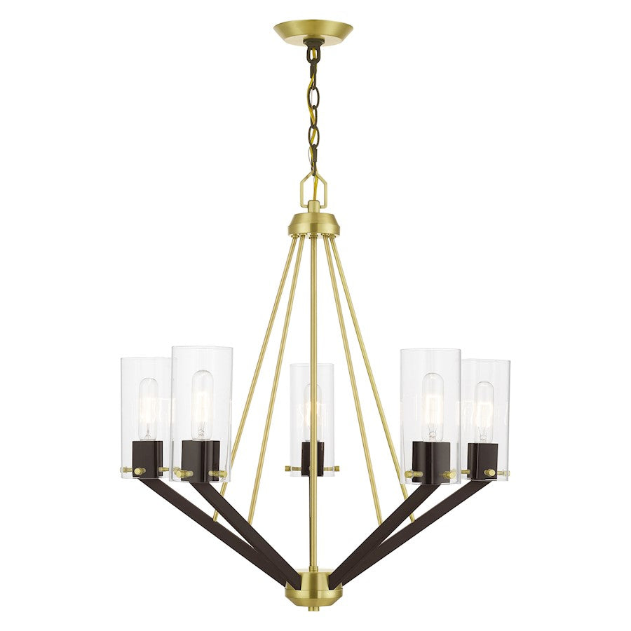 Livex Beckett 5 Light Chandelier, Brass/Bronze/Rounded Clear Square