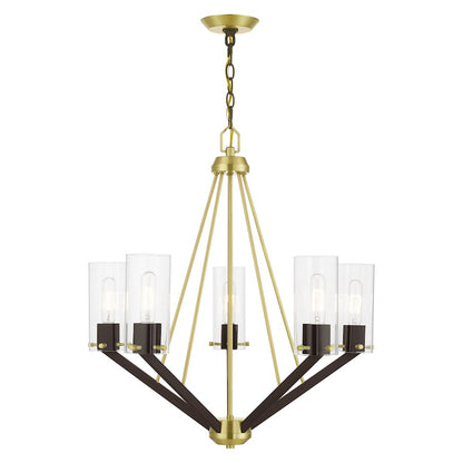 Livex Beckett 5 Light Chandelier, Brass/Bronze/Rounded Clear Square