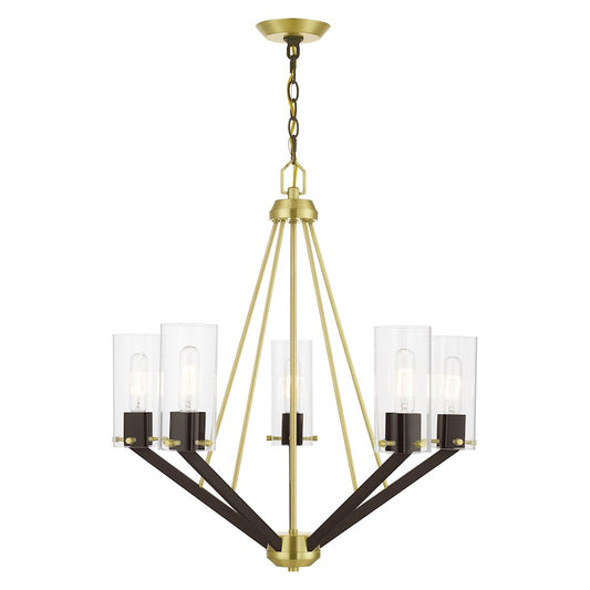 Livex Beckett 5 Light Chandelier, Brass/Bronze/Rounded Clear Square