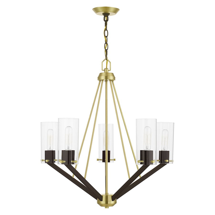 Livex Beckett 5 Light Chandelier, Brass/Bronze/Rounded Clear Square
