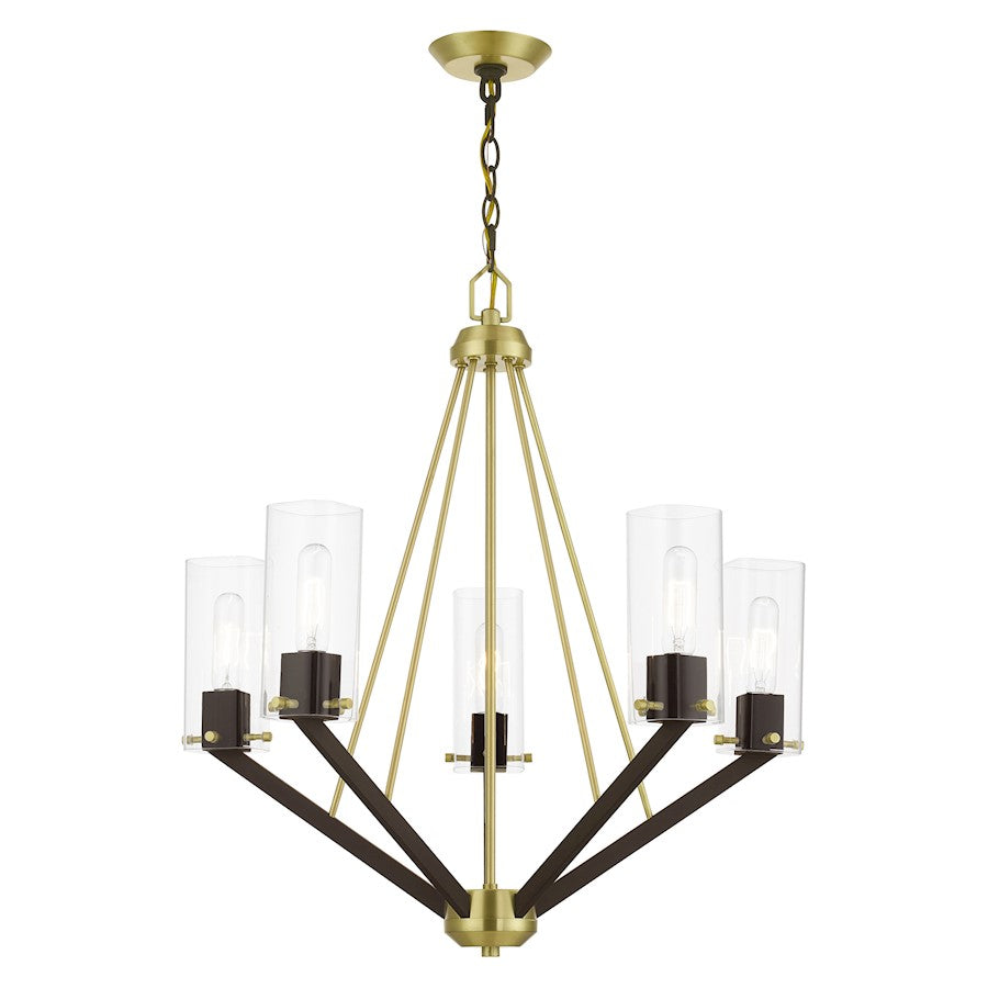 Livex Beckett 5 Light Chandelier, Brass/Bronze/Rounded Clear Square