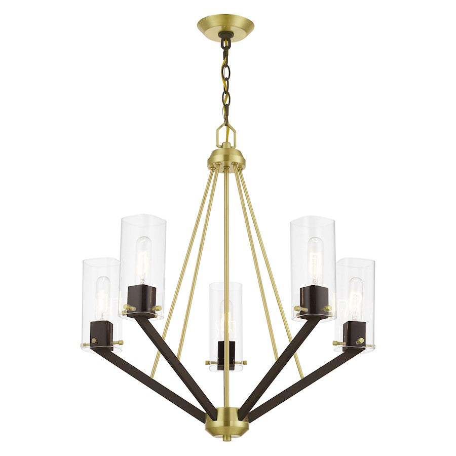 Livex Beckett 5 Light Chandelier, Brass/Bronze/Rounded Clear Square