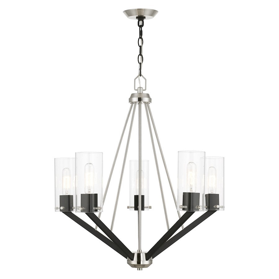 Livex Beckett 5 Light Chandelier, Nickel/Black/Rounded/Clear Square