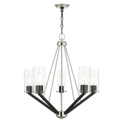 Livex Beckett 5 Light Chandelier, Nickel/Black/Rounded/Clear Square
