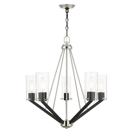 Livex Beckett 5 Light Chandelier, Nickel/Black/Rounded/Clear Square