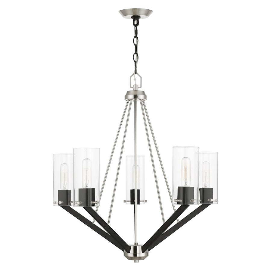 Livex Beckett 5 Light Chandelier, Nickel/Black/Rounded/Clear Square