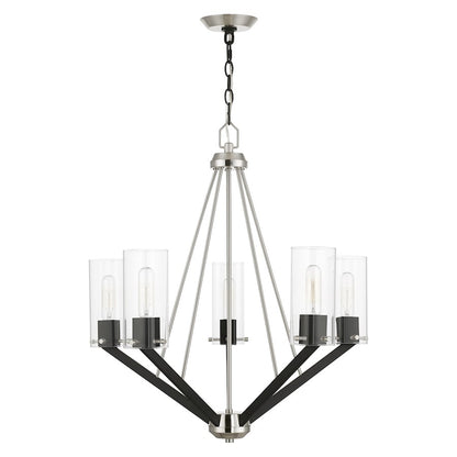 Livex Beckett 5 Light Chandelier, Nickel/Black/Rounded/Clear Square
