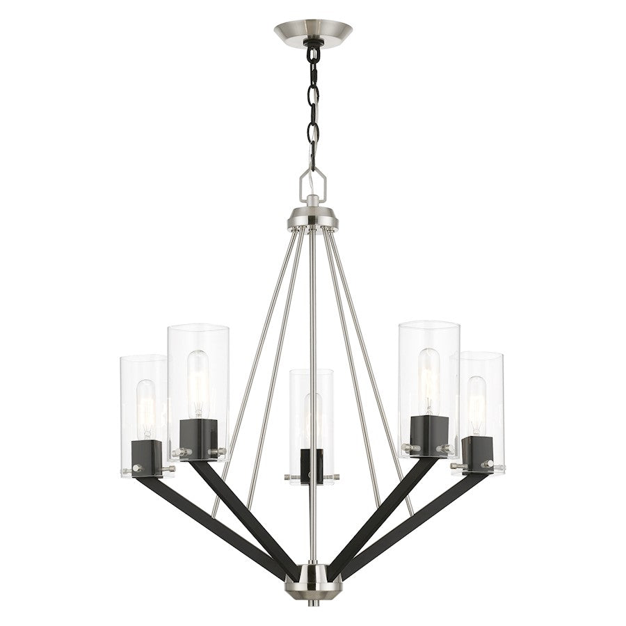 Livex Beckett 5 Light Chandelier, Nickel/Black/Rounded/Clear Square