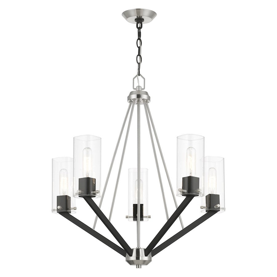 Livex Beckett 5 Light Chandelier, Nickel/Black/Rounded/Clear Square
