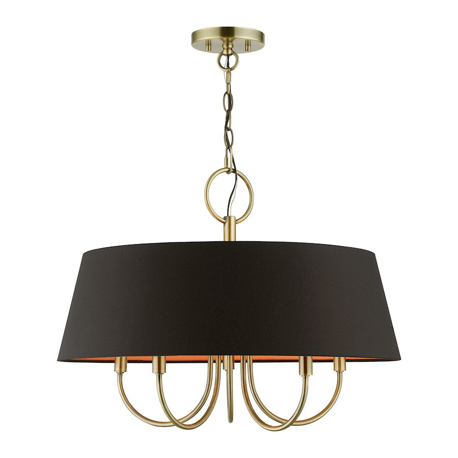 Livex Palma 5 Light Pendant Chandelier, Brass/Black/Orange Fabric