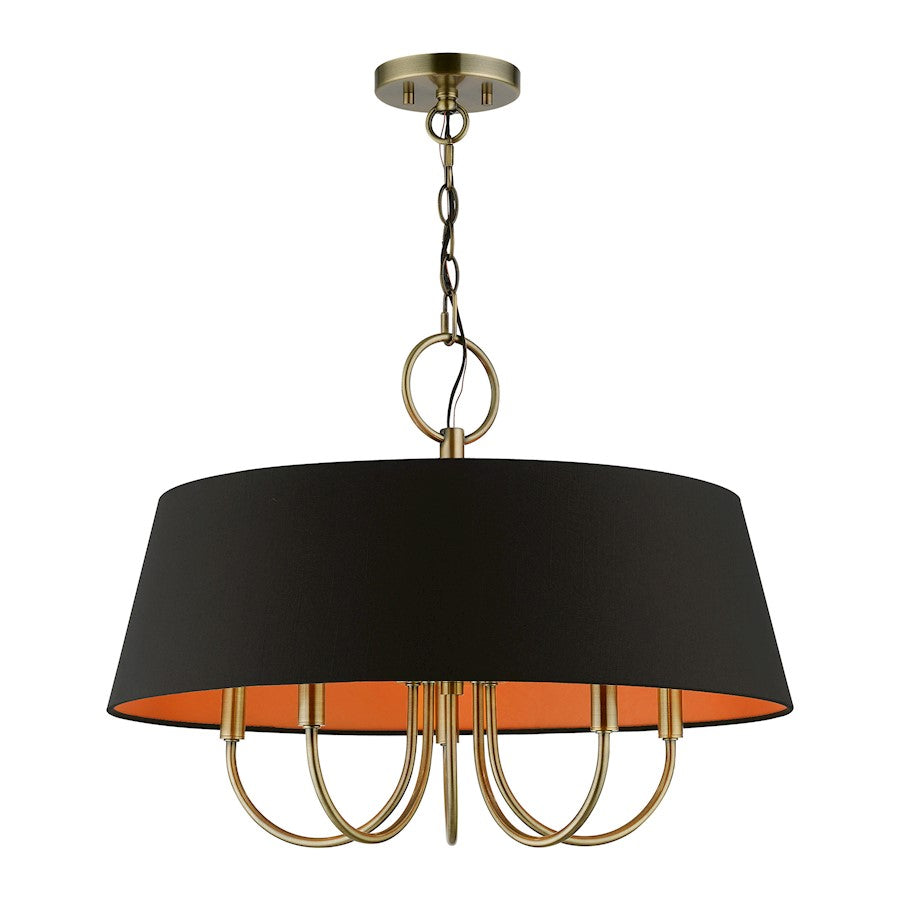 Livex Palma 5 Light Pendant Chandelier, Brass/Black/Orange Fabric