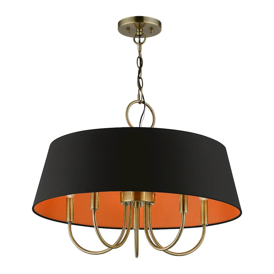 Livex Palma 5 Light Pendant Chandelier, Brass/Black/Orange Fabric