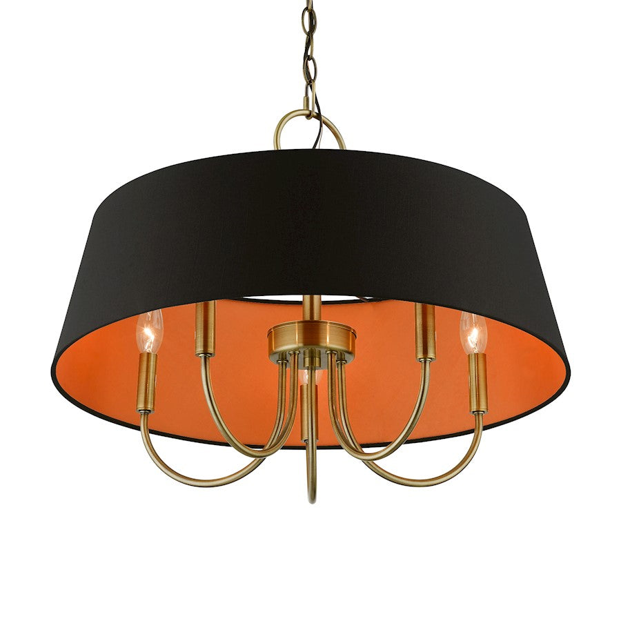 Livex Palma 5 Light Pendant Chandelier, Brass/Black/Orange Fabric