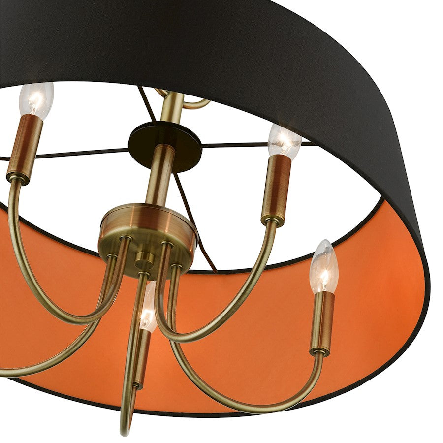 Livex Palma 5 Light Pendant Chandelier, Brass/Black/Orange Fabric