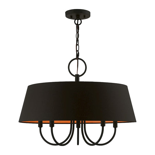 Livex Palma 5 Light Pendant Chandelier, Black/Black/Orange Fabric