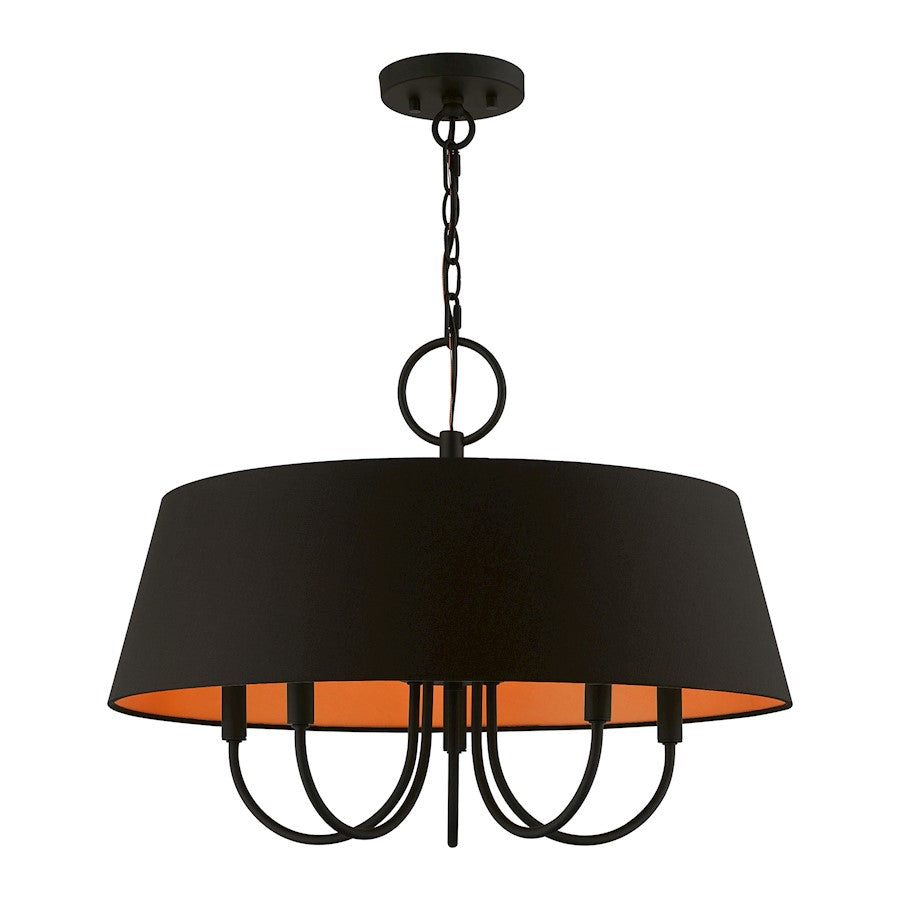 Livex Palma 5 Light Pendant Chandelier, Black/Black/Orange Fabric