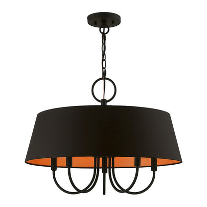 Livex Palma 5 Light Pendant Chandelier, Black/Black/Orange Fabric