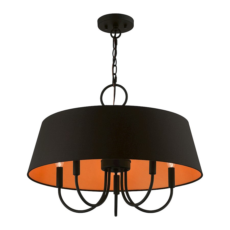 Livex Palma 5 Light Pendant Chandelier, Black/Black/Orange Fabric