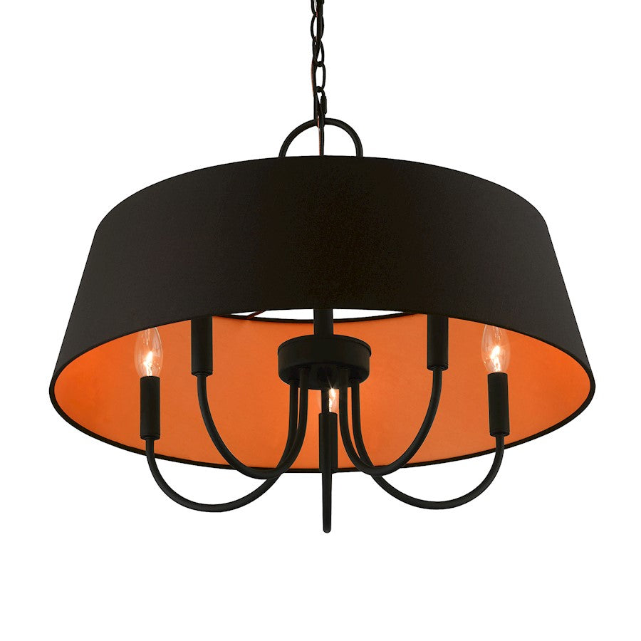 Livex Palma 5 Light Pendant Chandelier, Black/Black/Orange Fabric