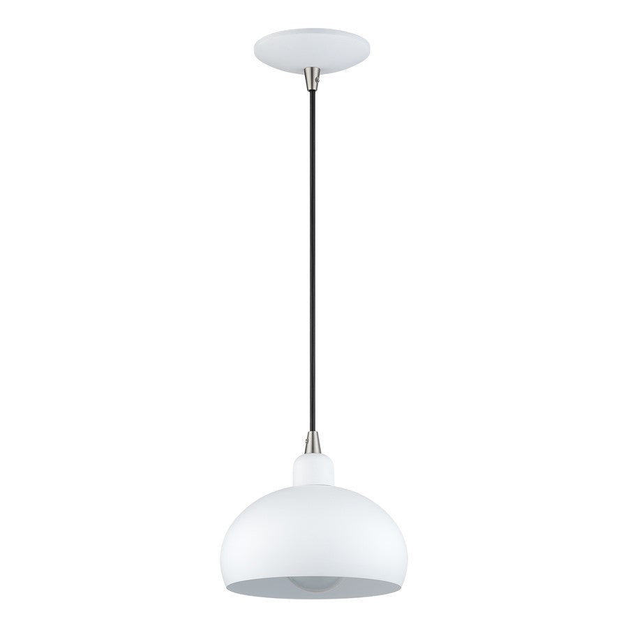 Livex Domma 1Lt Mini Pendant, White/Nickel Accents/White Steel/White