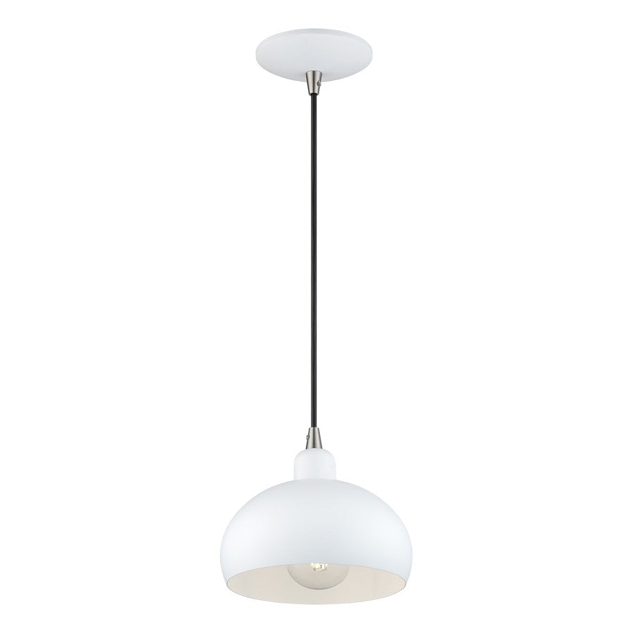 Livex Domma 1Lt Mini Pendant, White/Nickel Accents/White Steel/White