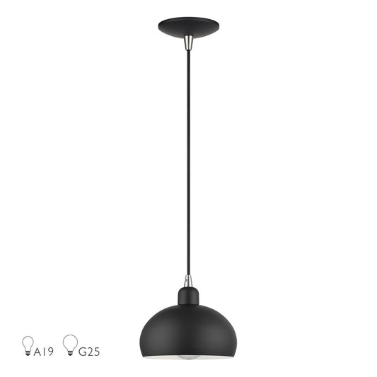 Livex Domma 1Lt Mini Pendant, Black/Nickel Accents/Black/Shiny White - 51513-04