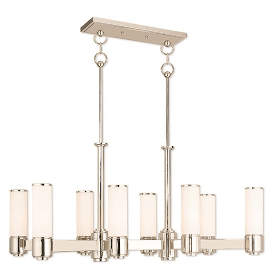 Livex Weston 8 Light Linear Chandelier, P Nickel/Satin Opal White