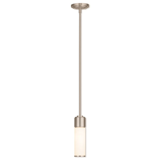 Livex Weston 1 Light Mini Pendant, Nickel/Hand Blown Satin Opal White
