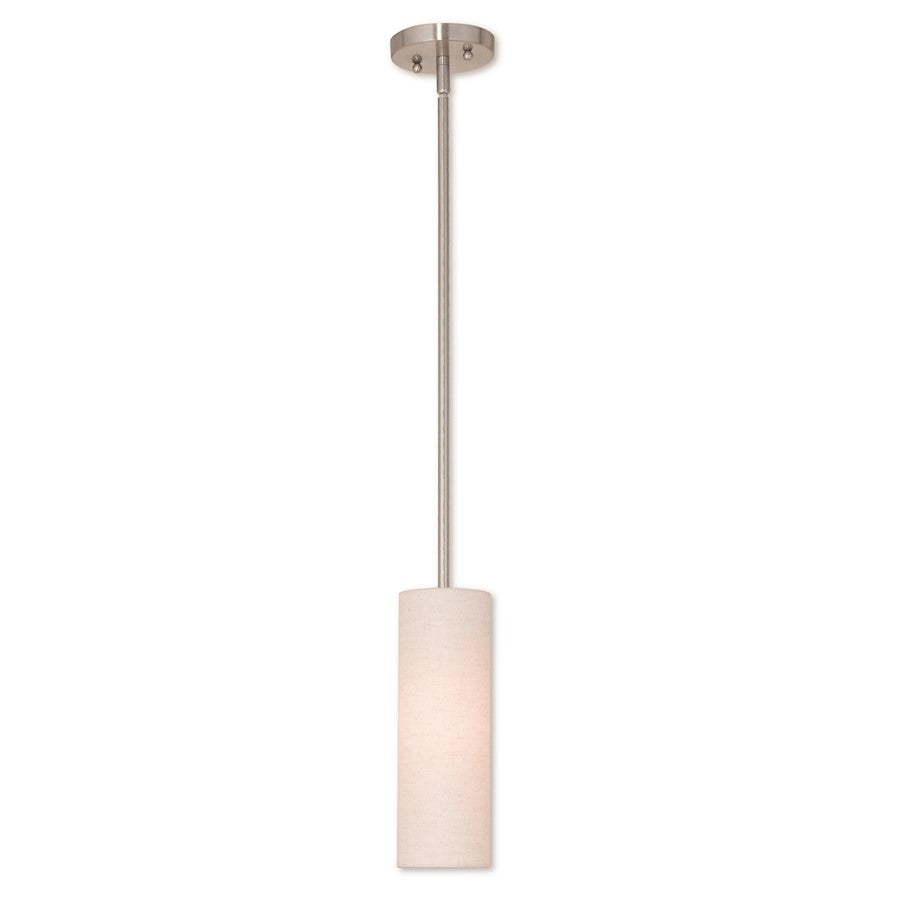Livex Meridian 1 Light Mini Pendant, Nickel/Oatmeal Color Hardback
