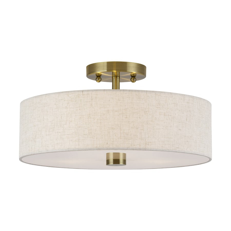 Livex Monroe 3Lt 15" Dia Semi-Flush, Brass/Oatmeal/White - 52135-01