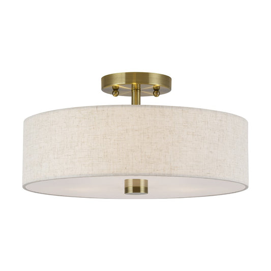 Livex Monroe 3Lt 15" Dia Semi-Flush, Brass/Oatmeal/White - 52135-01