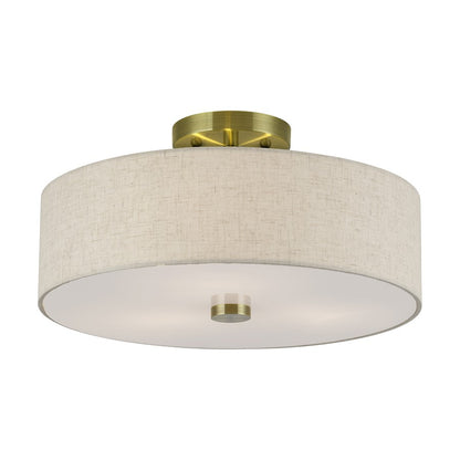 Livex Monroe 3Lt 15" Dia Semi-Flush, Brass/Oatmeal/White