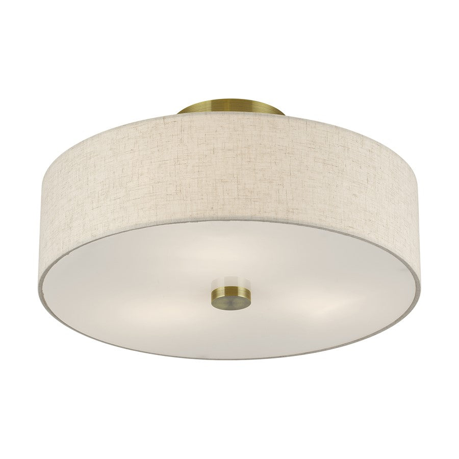 Livex Monroe 3Lt 15" Dia Semi-Flush, Brass/Oatmeal/White