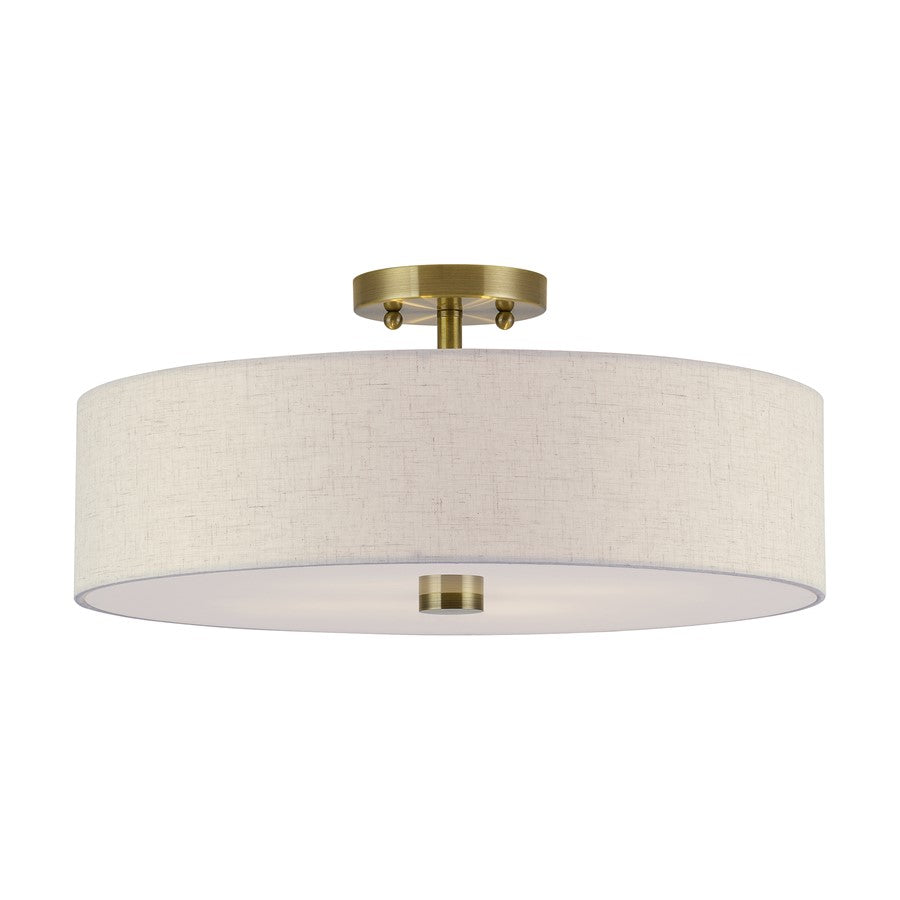 Livex Monroe 4Lt 18" Dia Semi-Flush, Brass/Oatmeal/White - 52136-01