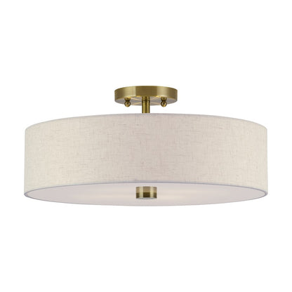 Livex Monroe 4Lt 18" Dia Semi-Flush, Brass/Oatmeal/White - 52136-01