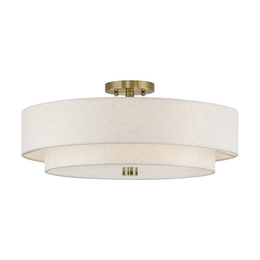 Livex Monroe 5Lt 9.5" Semi-Flush, Brass/Oatmeal/White - 52139-01