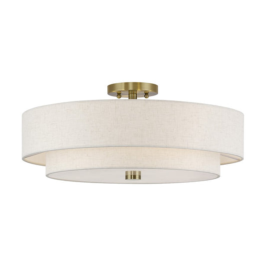 Livex Monroe 5Lt 9.5" Semi-Flush, Brass/Oatmeal/White - 52139-01