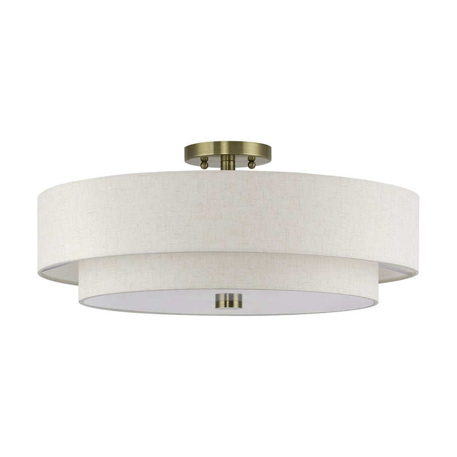 Livex Monroe 5Lt 9.5" Semi-Flush, Brass/Oatmeal/White
