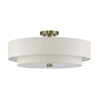 Livex Monroe 5Lt 9.5" Semi-Flush, Brass/Oatmeal/White