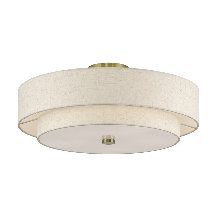 Livex Monroe 5Lt 9.5" Semi-Flush, Brass/Oatmeal/White