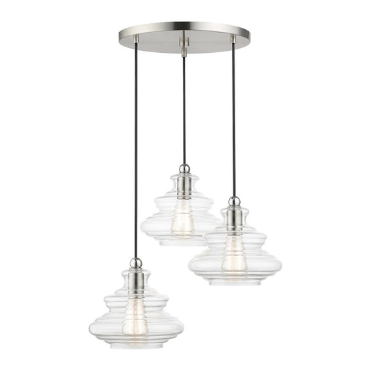 Livex Everett 3 Lt Pendant Chandelier, Nickel/Chrome/Clear Art
