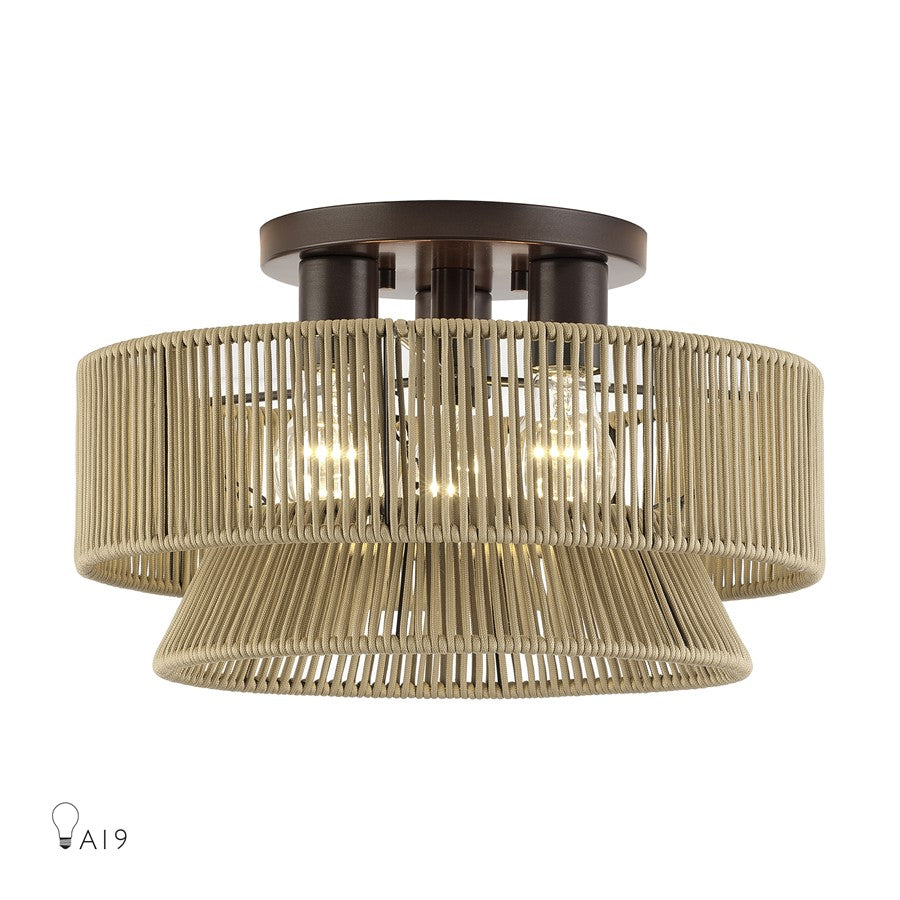 Livex Florell 3Lt 15" Dia Semi-Flush, Bronze/Gold Polyester - 53166-92