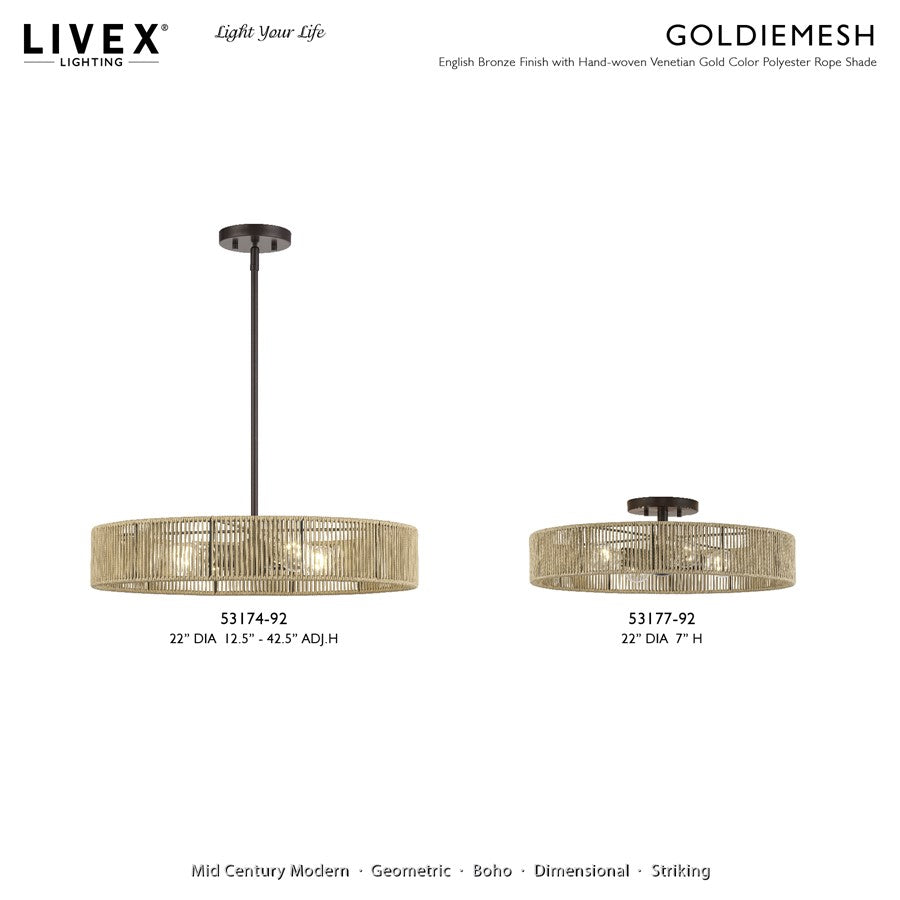 Livex Goldiemesh 4Lt 22" Semi-Flush, Bronze/Gold Polyester
