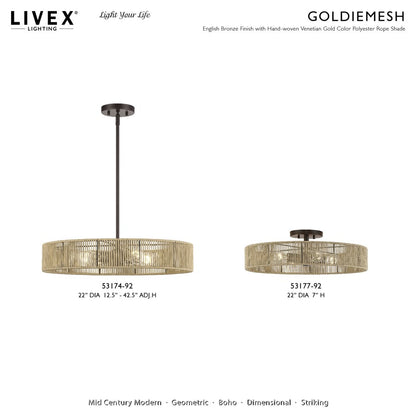 Livex Goldiemesh 4Lt 22" Semi-Flush, Bronze/Gold Polyester