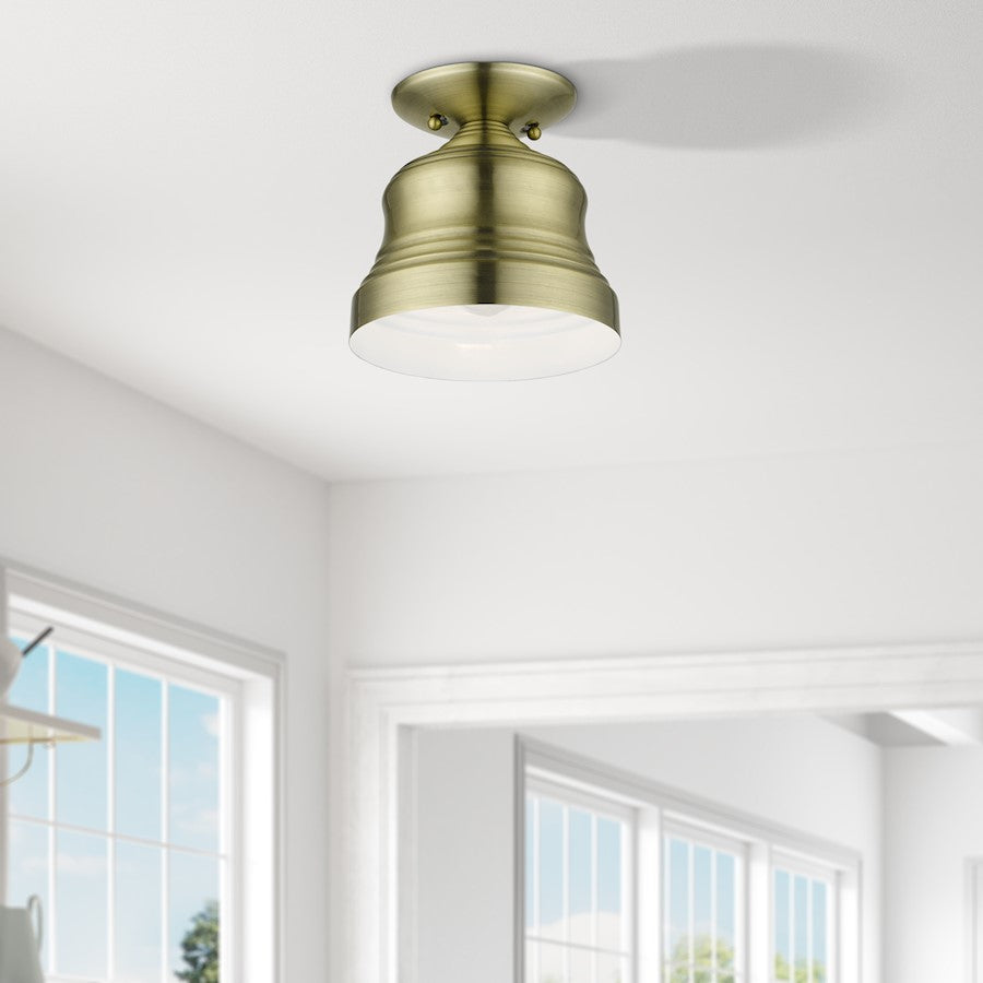 Livex Endicott 1 Lt Petite Bell Semi-Flush Mount, Brass/Brass/White