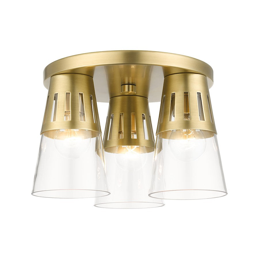 Livex Bennington 3 Light Flush Mount, Natural Brass/Clear