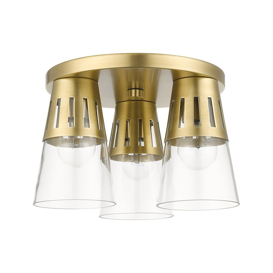 Livex Bennington 3 Light Flush Mount, Natural Brass/Clear
