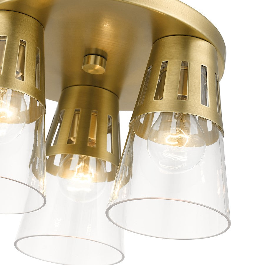Livex Bennington 3 Light Flush Mount, Natural Brass/Clear