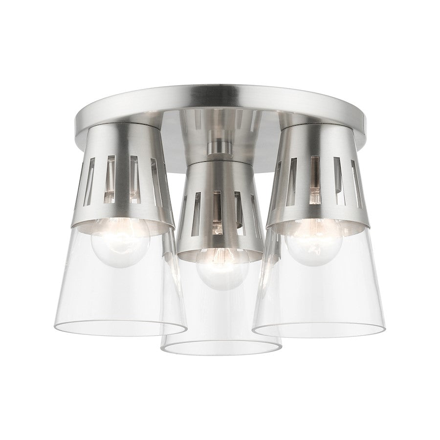Livex Bennington 3 Light Flush Mount, Nickel/Clear